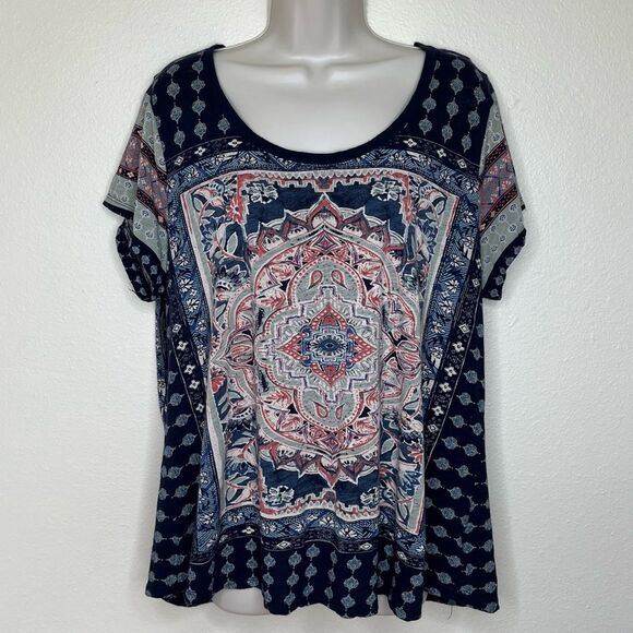 Lucky Brand Cotton Modal Short Sleeve Boho Navy Blue Medallion T Shirt Women 1X - Picture 14 of 14